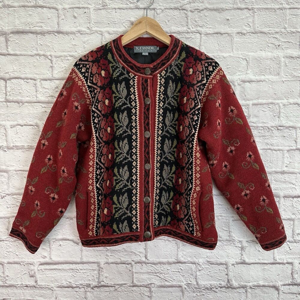 Icelandic Design Women’s Small Zip Wool Sweater Lined Floral Grannycore Cottage